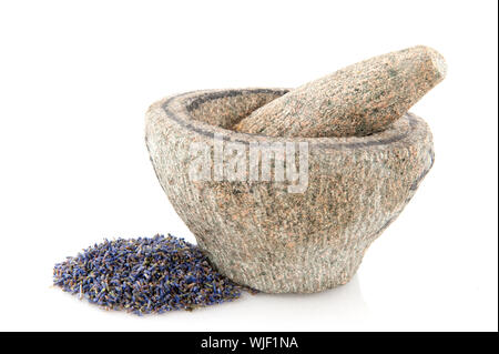 Pietra naturale mortaio con lavanda essiccata Foto Stock