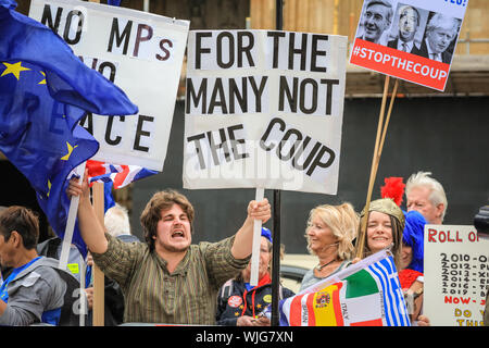 Westminster, Londra, 03 settembre 2019. Pro- e manifestanti Anti-Brexit rally intorno al parlamento e College Green in Westminster il giorno il Parlamento ritorna dal recesso. Foto Stock