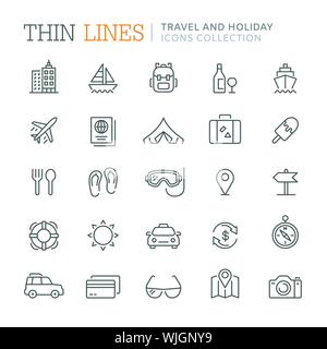 Raccolta di viaggi e vacanze la linea sottile delle icone Illustrazione Vettoriale