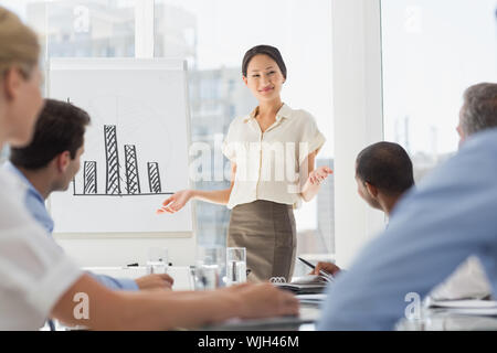 Sorridente asian imprenditrice presentando grafico a barre a colleghi in ufficio Foto Stock