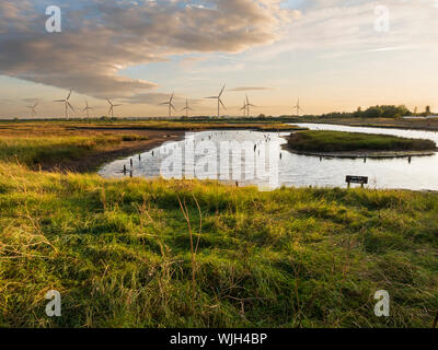 Piscina salina e sfondo per centrali eoliche all'RSPB riserva su Tetney paludi, North East Lincolnshire Foto Stock