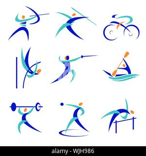 Olympic Sport icone. Set di nove colorati simboli sport. Isolato su sfondo bianco. Vettore disponibile. Illustrazione Vettoriale