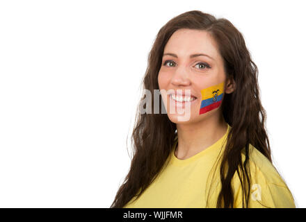 Ragazza giovane con la bandiera ecuadoriana dipinta nel suo viso Foto Stock