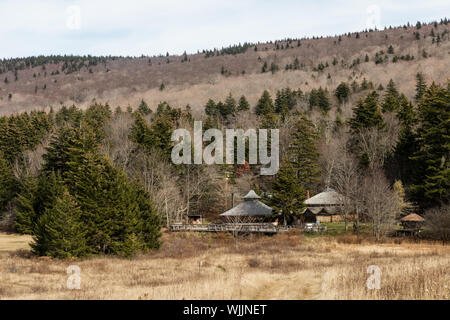 L'Himalayan-style yurta, che servono come quarti viventi, spazi formativi e pensioni presso l'Istituto della Montagna, una comunità di ambientalisti sulle pendici della manopola di abete rosso, il punto più alto delle montagne di Allegheny in Pendleton County, West Virginia Foto Stock