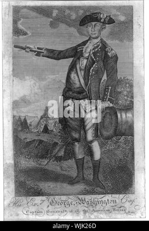 Il suo excy. George Washington Esqr. capitano generale di tutte le forze americane Abstract: Stampa Mostra George Washington, ritratto a figura intera, in piedi, rivolto verso sinistra, indossando uniforme militare, gesticolando con la mano destra tenendo un pavoneggia stick, mano sinistra appoggiata sulla canna di cannone, accampamento militare in background. Foto Stock