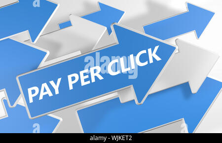 Pay per Click 3D render concetto con il blu e le frecce bianche battenti verso l'alto su uno sfondo bianco. Foto Stock