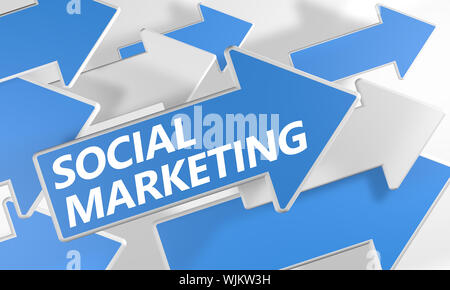 Il Marketing sociale 3D render concetto con il blu e le frecce bianche battenti verso l'alto su uno sfondo bianco. Foto Stock