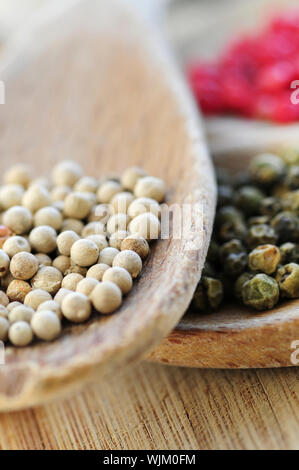 Diversi tipi di grani di pepe in cucina in legno cucchiai macro Foto Stock