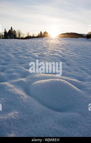 All'alba o al tramonto contro un paesaggi innevati, Sfondo Inverno Foto Stock