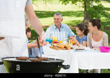 Close-up di un barbecue con la famiglia estesa avente il pranzo nel parco Foto Stock