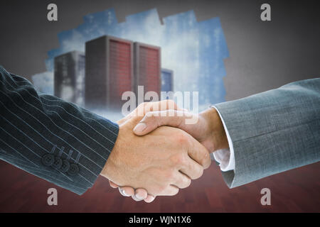 Immagine composita di handshake business contro 3d aereo decollare su campo Foto Stock