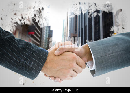 Immagine composita di handshake business contro la freccia porta in camera oscura Foto Stock