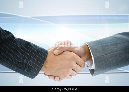 Immagine composita di business handshake lineare contro uno sfondo grigio Foto Stock