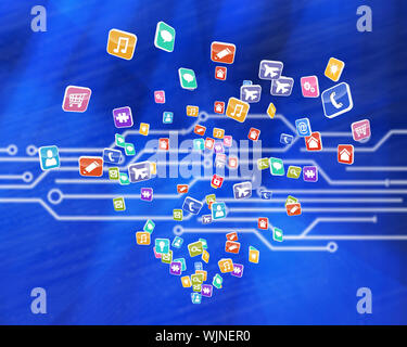 Colorate le applicazioni del computer contro il circuito bianco scheda su sfondo blu Foto Stock