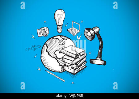L'istruzione globale doodle contro sfondo blu con vignette Foto Stock