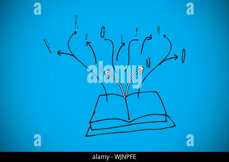 Libro Aperto doodle contro sfondo blu con vignette Foto Stock