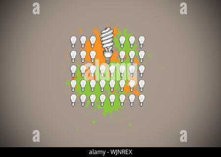 Lampadine Lgiht su gli spruzzi di vernice contro uno sfondo grigio con vignette Foto Stock