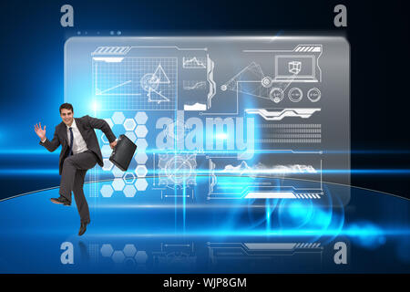 Happy businessman in un hury contro business interface Foto Stock