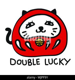 Double lucky cat miscelazione con bambola daruma (Giapponese portafortuna) cartoon illustrazione vettoriale doodle style Illustrazione Vettoriale