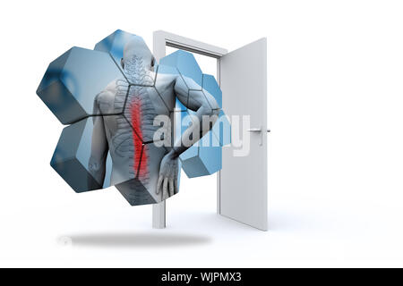 Immagine composita di lesioni alla schiena schema sulla schermata astratta contro l'apertura della porta Foto Stock