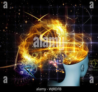 Interazione di testa umana, orologio e elementi di fractal sul tema del tempo, la mente e la realtà virtuale. Foto Stock