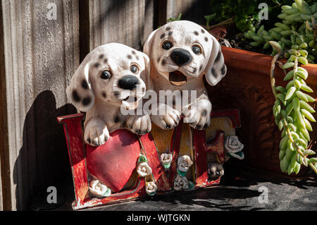 Due dalmations giocattolo in una casa cortile anteriore Foto Stock