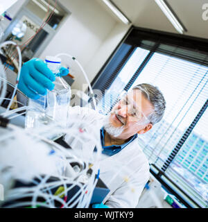 Maschio senior researcher di effettuare attività di ricerca scientifica in un laboratorio (SHALLOW DOF; dai toni di colore immagine) Foto Stock