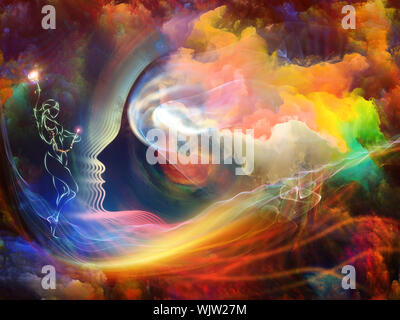 Geometria dell'anima due serie. Interazione del profilo umano e gli elementi astratti sul tema della spiritualità, la scienza, la creatività e la mente umana Foto Stock