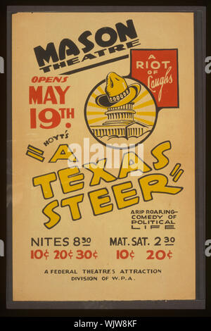 Hoyt è un Texas steer Abstract: Poster per teatro federale la presentazione di un progetto di Hoyt è un Texas Steer a Mason Theatre, mostrando un cappello da cowboy sulla cupola del Campidoglio. Foto Stock