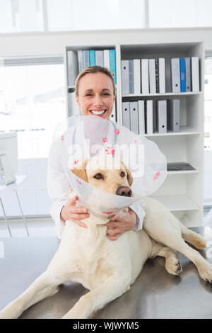 Ritratto di donna veterinario con cane che indossa il collare medico in clinica Foto Stock