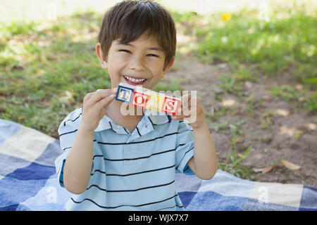 Ritratto di un felice giovane ragazzo in blocco di contenimento degli alfabeti come toys' al parco Foto Stock