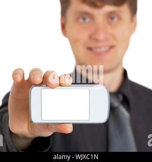 La persona mostra un nuovo gadget su bianco Foto Stock