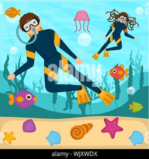 I subacquei nel fondo del mare - Vettore Illustrazione Vettoriale