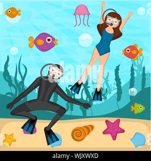 I subacquei nel fondo del mare - Vettore Illustrazione Vettoriale
