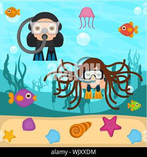 I subacquei nel fondo del mare - Vettore Illustrazione Vettoriale