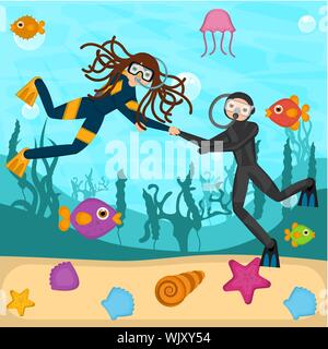I subacquei nel fondo del mare - Vettore Illustrazione Vettoriale