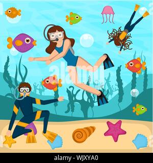 I subacquei nel fondo del mare - Vettore Illustrazione Vettoriale