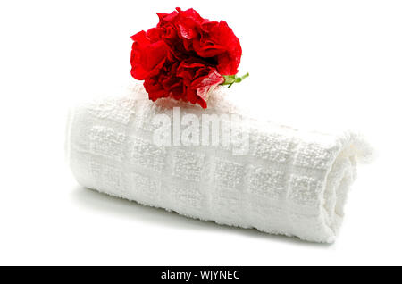Bel rosso fiori di ibisco con asciugamano sul tema spa Foto Stock