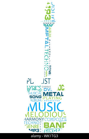 Illustrazione vettoriale di chitarra formata da testo relativo alla musica Foto Stock