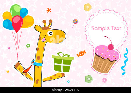 Illustrazione della giraffa con dono su sfondo di compleanno Foto Stock