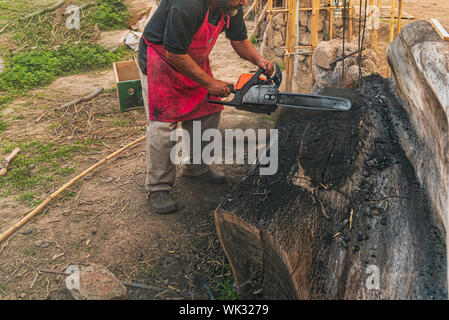 Primo piano della vecchia catena-sega utilizzando da barehand lavoratore di sesso maschile per tagliare l'albero in una luminosa giornata di sole Foto Stock