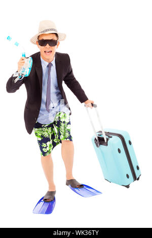 Funny imprenditore tenendo scuba rotismo e bagaglio Foto Stock