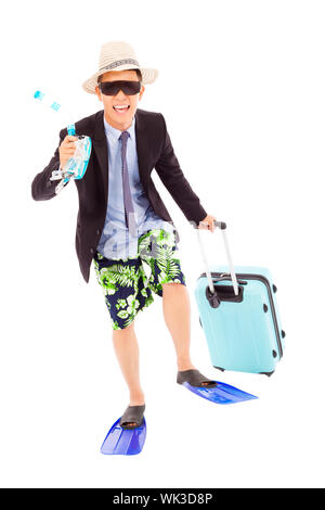 Funny imprenditore tenendo scuba rotismo e bagaglio Foto Stock