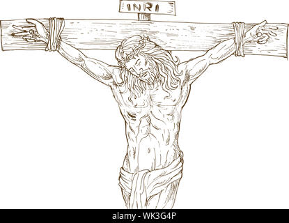 Disegnata a mano illustrazione di Gesù Cristo appeso sulla croce isolato su bianco Foto Stock