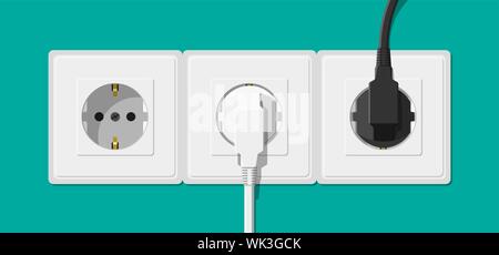 Presa elettrica e la mano con un tappo. Componenti elettrici. Presa di corrente a muro con cavo. Illustrazione Vettoriale in stile piatto Illustrazione Vettoriale