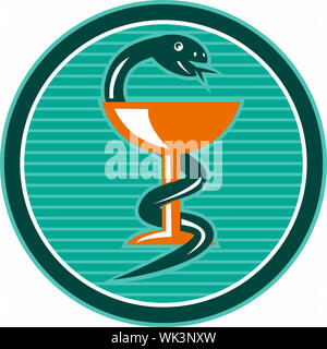 Illustrazione di un serpente di arricciamento o avvolgimento a tazza o bicchiere di vino che rappresenta il simbolo della medicina fatto in stile retrò Foto Stock