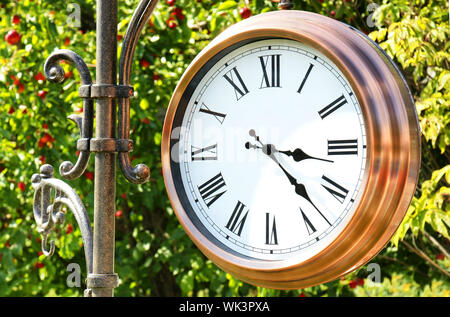 Grande rame orologio outdoor ricordandoci che sia giunto il momento di ritirare questi fantastici ripe rosso Apple nell'albero dietro. Foto Stock