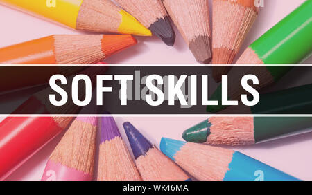Soft skills concetto banner con texture da elementi colorati di educazione, scienza oggetti e 1 settembre forniture scolastiche. Soft skills con abstract E Foto Stock