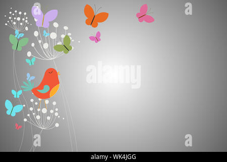 Design femminile di tarassaco uccelli e farfalle su grigio Foto Stock