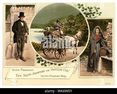 Irish jaunting car e contadini. Contea di Galway, Irlanda Foto Stock